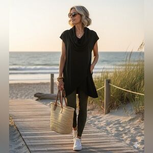 🖤 Bryn Walker Lavinia Black Modal Ponte Cowl Neck Crossover Tunic Top L